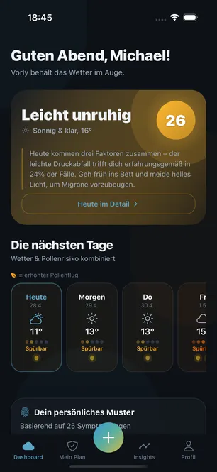 Vorly-App: Dashboard mit persönlichem Risiko-Score und Vorschau für die nächsten Tage